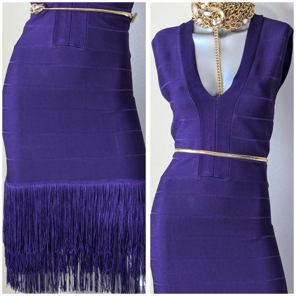 VENUS Bandage Layered Fringe Plunging Neck Sleeveless Cocktail Purple Dress - Picture 8 of 15